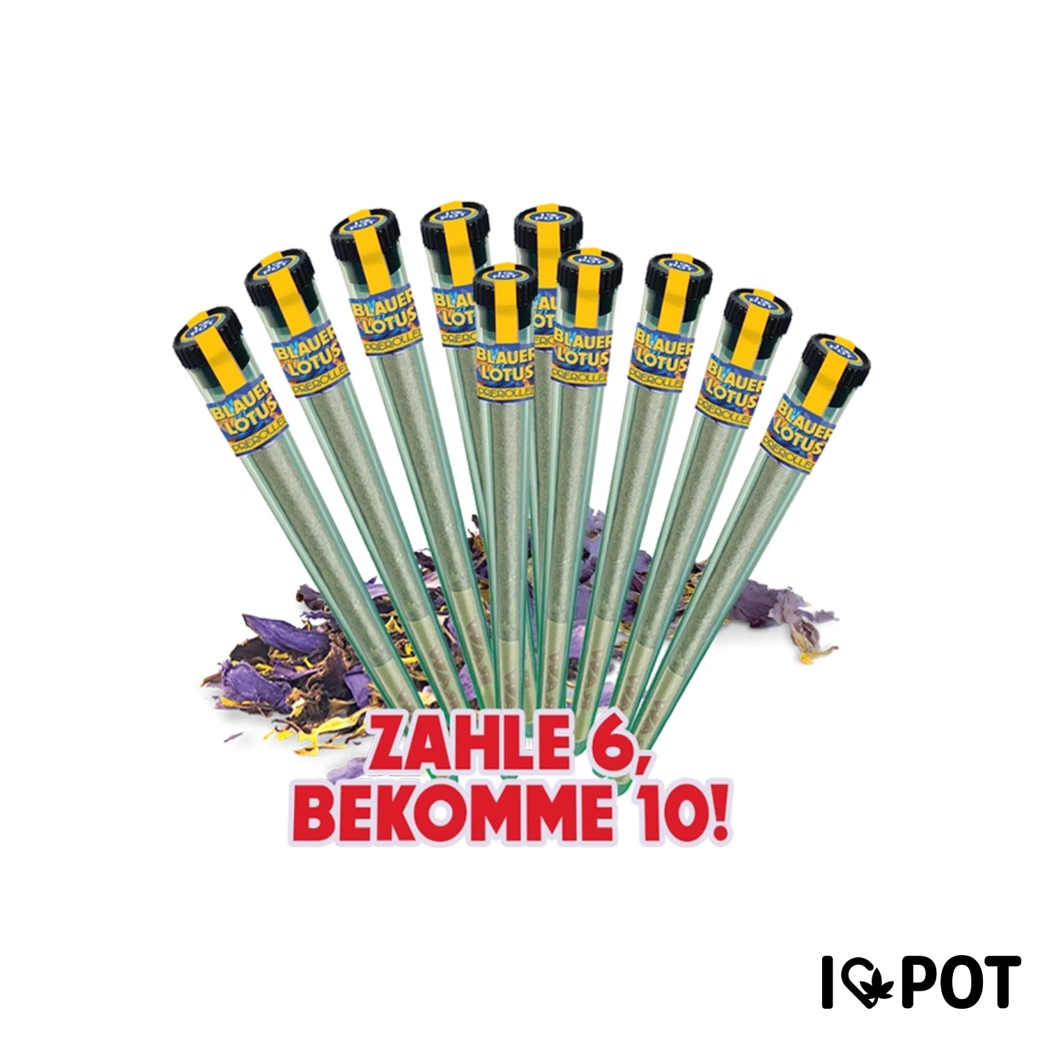 Blauer Lotus Pre Roll Super Bundle mit 10 Stück - neun grüne Sticks mit gelb-schwarzem Etikett, arrangiert fächerförmig mi...
