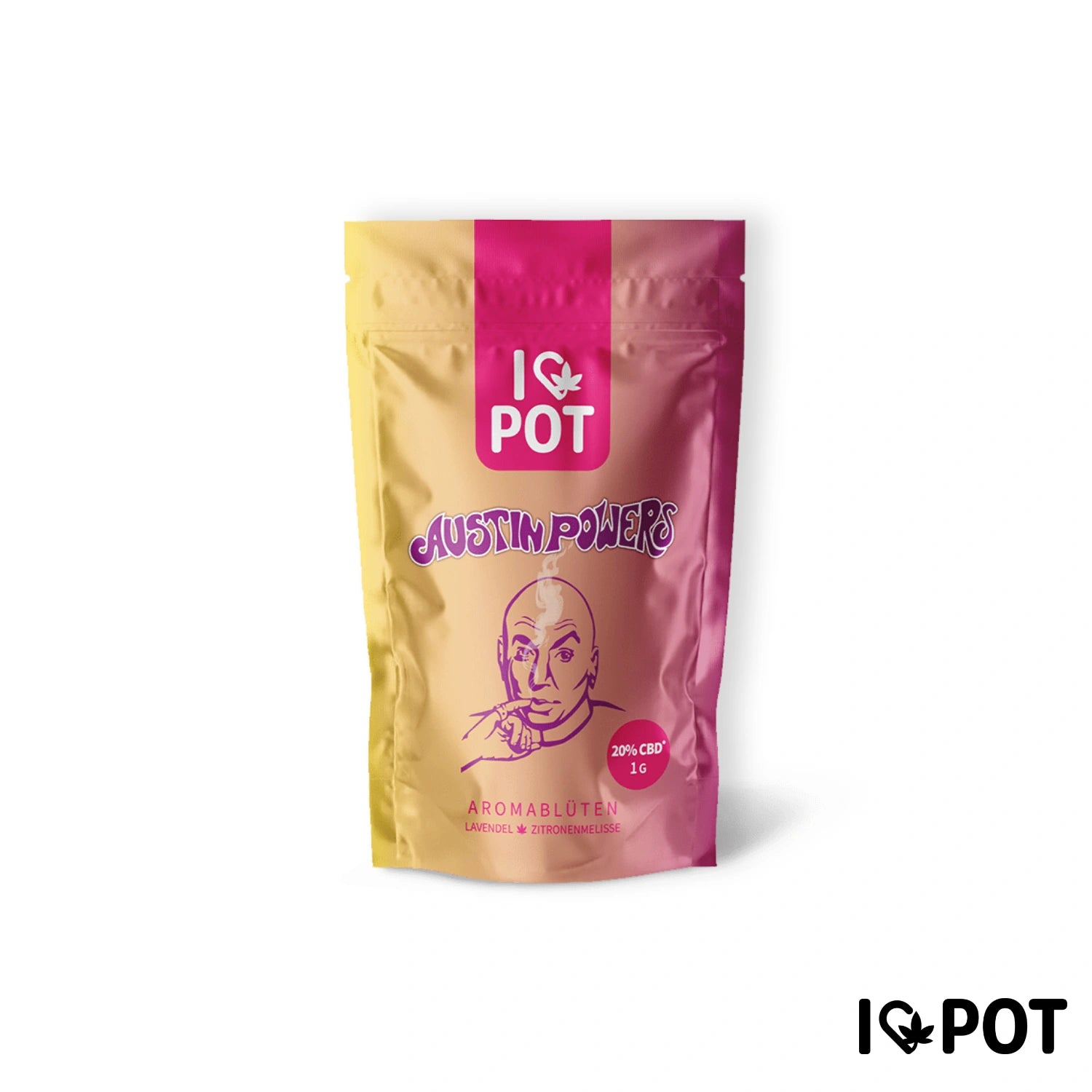 I Love Pot CBD-Blüte Austin Powers in farbenfroher Standbeutel-Verpackung mit Gelb, Pink und Bordeaux, 20% CBD, Aromablüte...