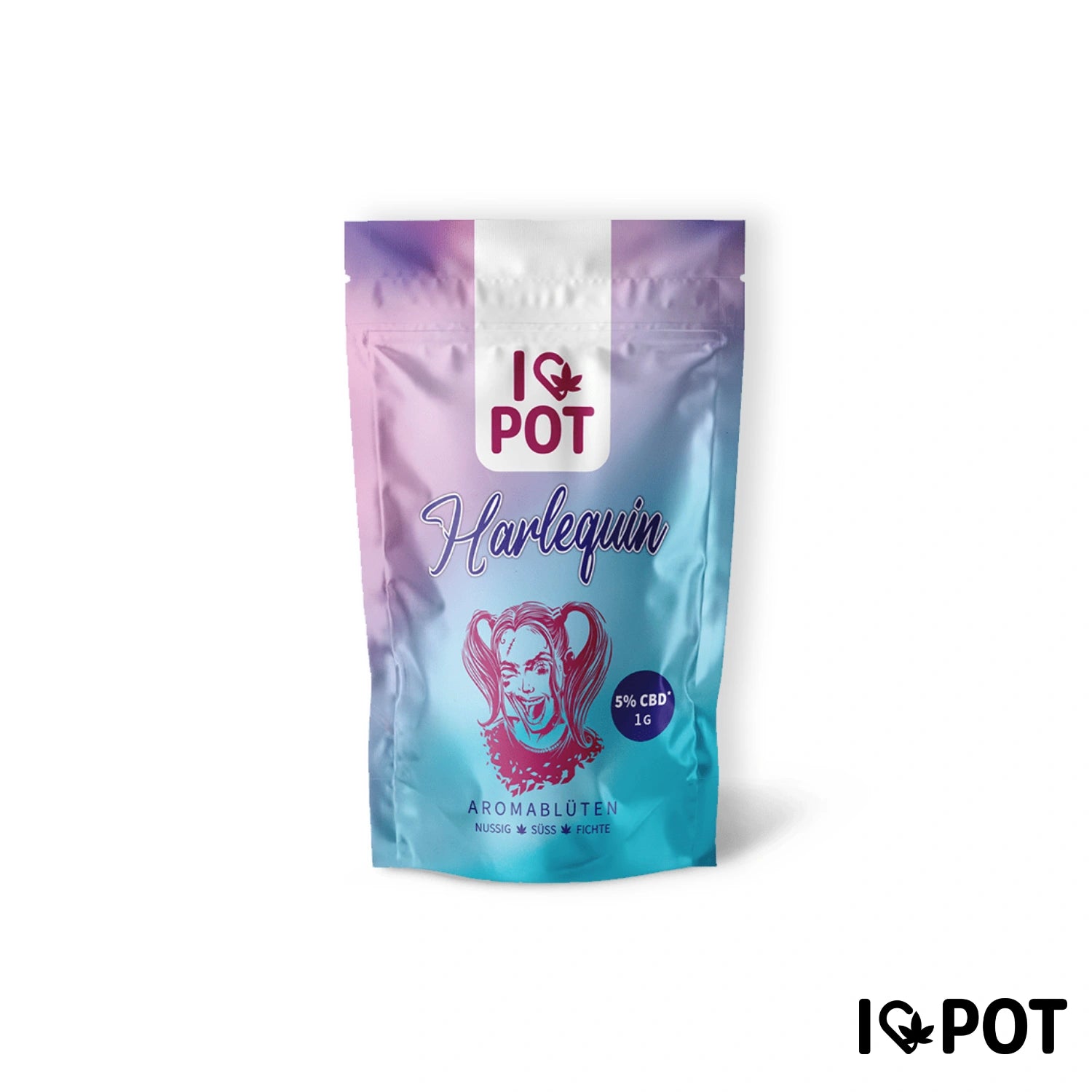 I Love Pot Harlequin CBD-Blüten 5% in bunter Gradient-Verpackung mit Harlequin-Porträt und Aromablüten-Hinweis.