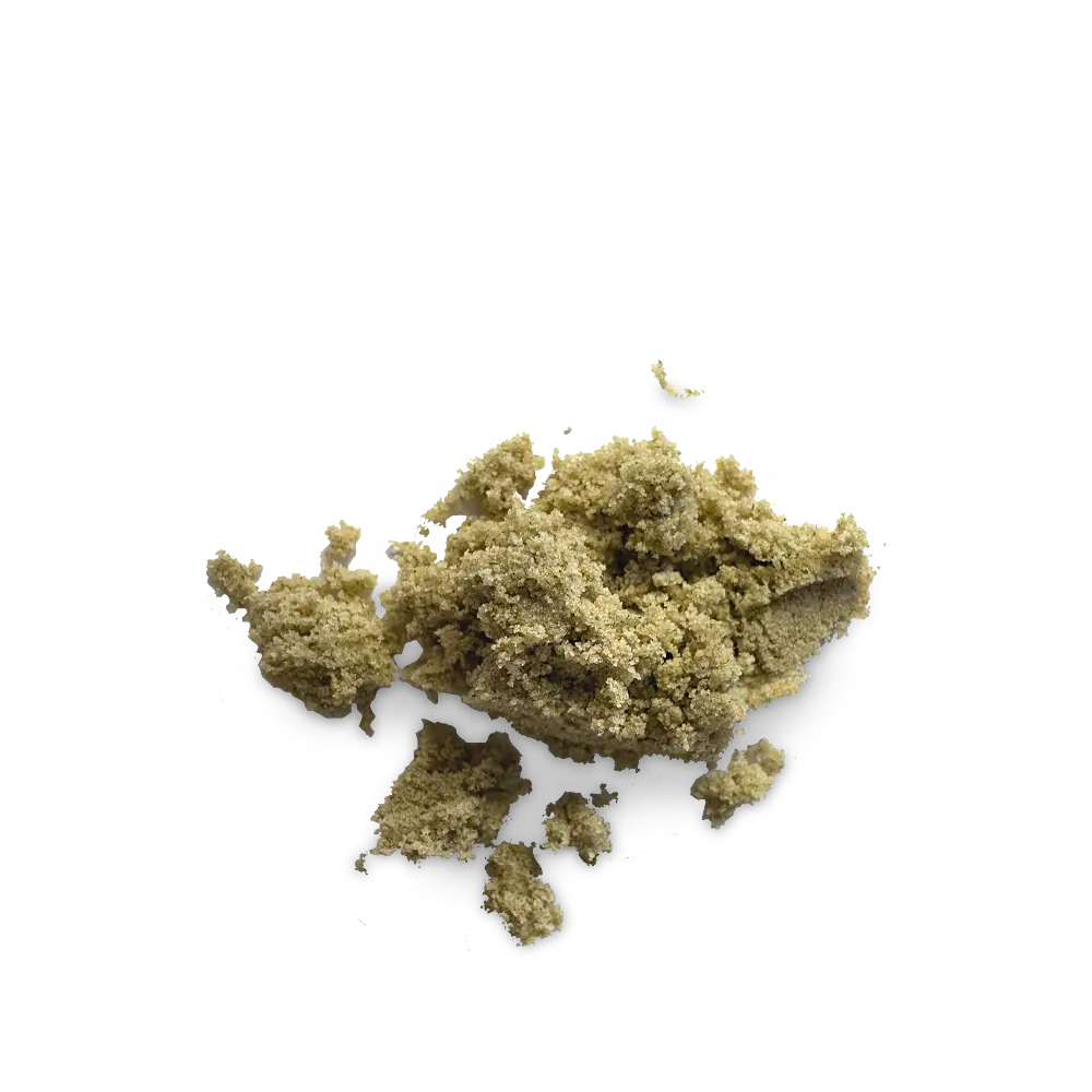 CBD Pollen Kief von I Love Pot - feinkörniges, hellgelbes Konzentrat mit krümeliger Textur auf weißem Hintergrund.