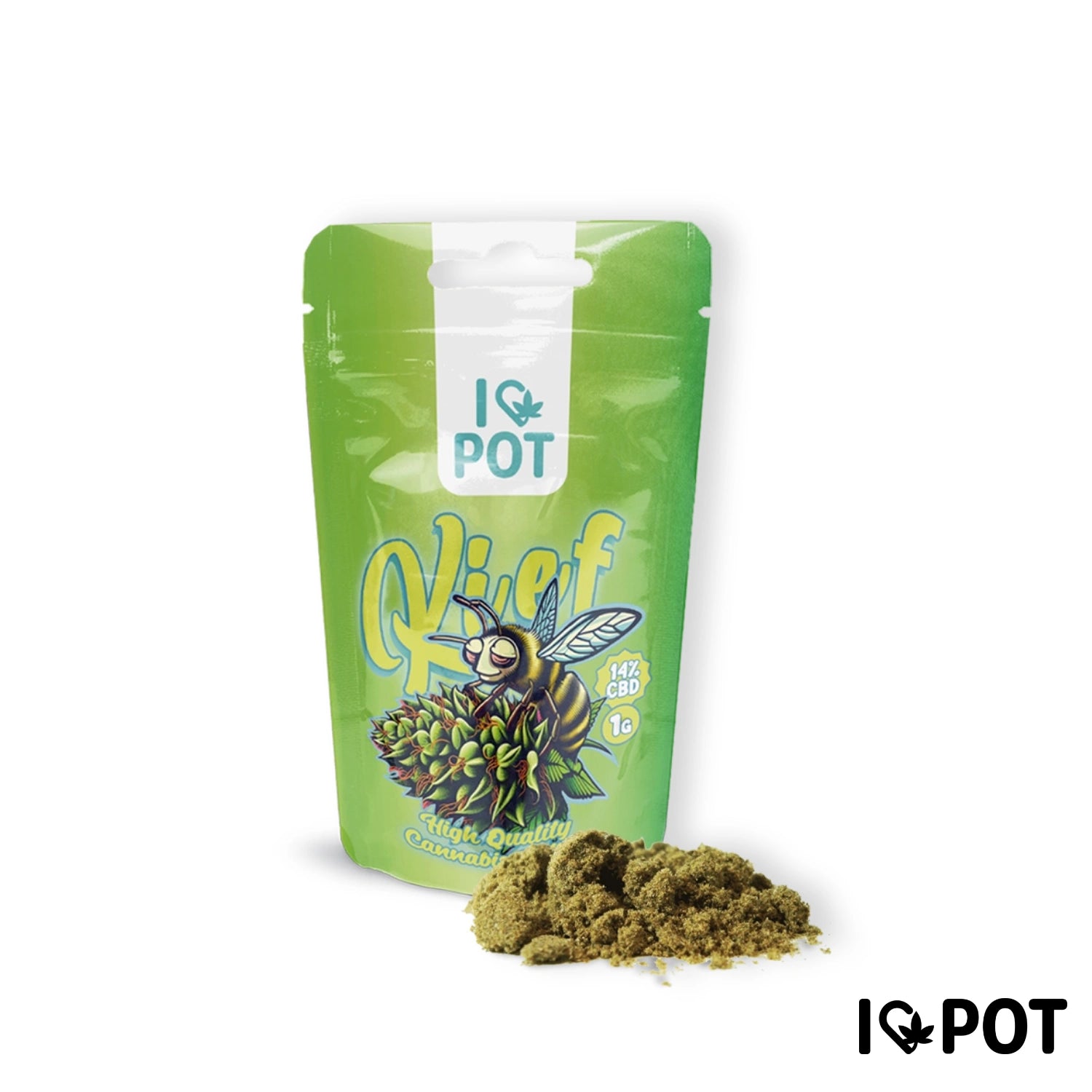 I Love Pot CBD Pollen Kief in grüner Verpackung mit Biene, daneben loser gelbgrüner Kief. 47% CBD, 1g Inhalt.