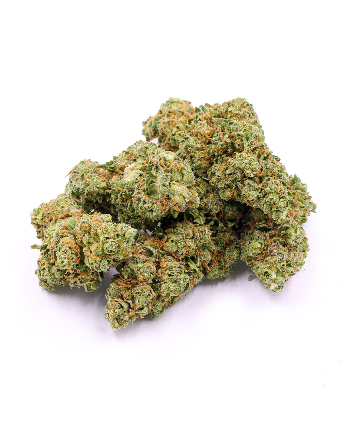 CBD-Blüte Lemon Haze von I Love Pot: Grüne, kristalline Cannabisblüten mit orange-rötlichen Härchen auf weißem Hintergrund.
