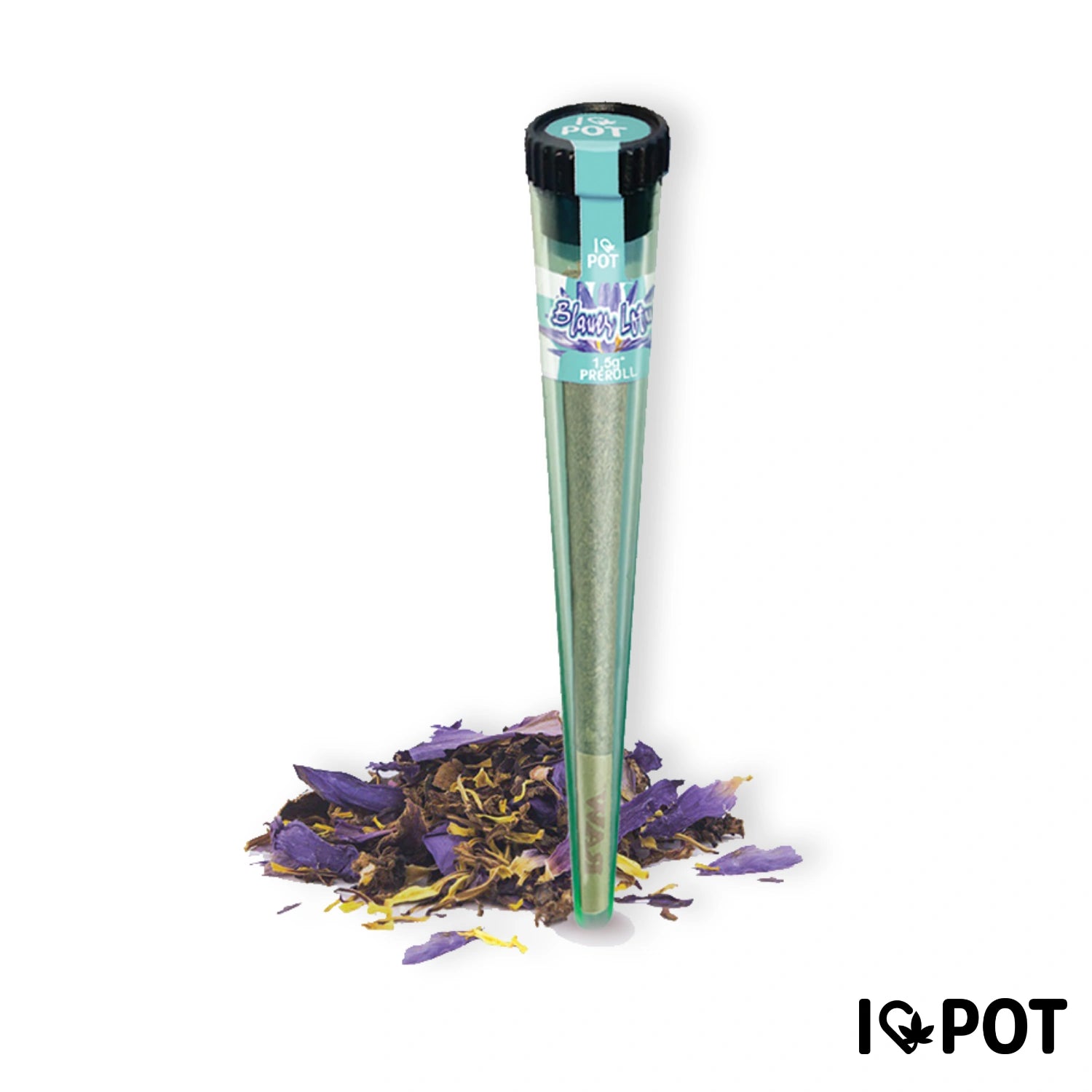 I Love Pot Blauer Lotus Pre Roll in grüner Röhre mit schwarzem Deckel, umgeben von lila und gelben Blüten.