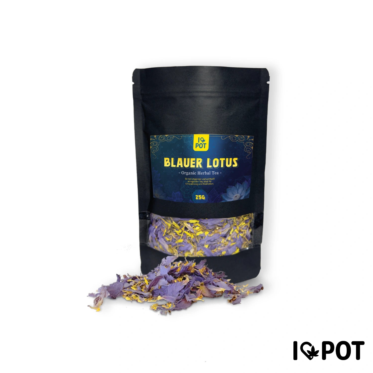 Blauer Lotus Tee 25g von I Love Pot in schwarzer Standbodenbeutel-Verpackung mit blauem Label, zeigt getrocknete lila und ...