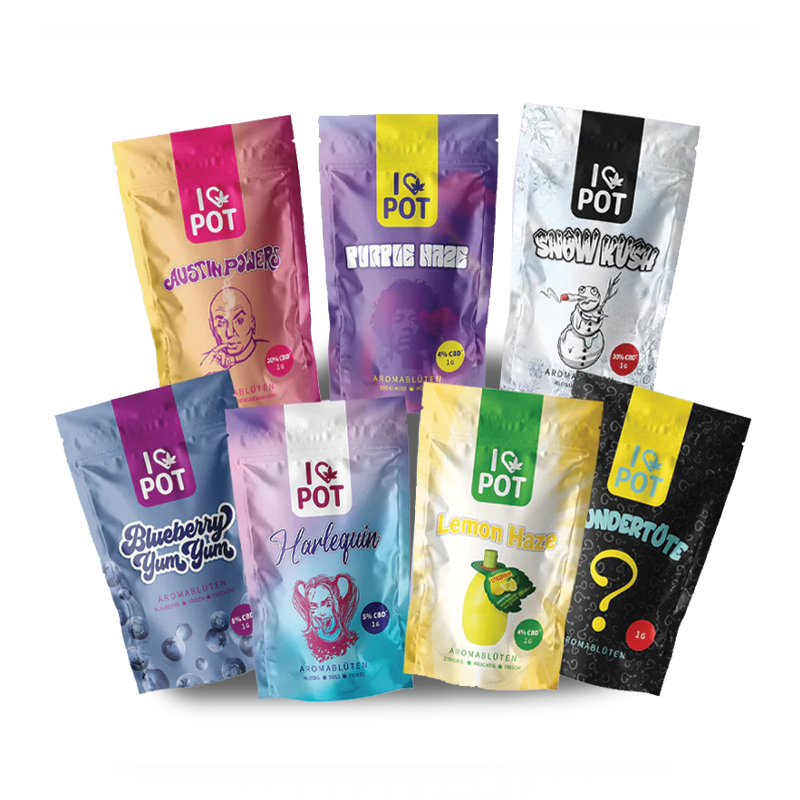 I Love Pot CBD Blüten Bundle mit 8 bunten Verpackungen in verschiedenen Sorten wie Blueberry, Lemon Haze und Harlequin.