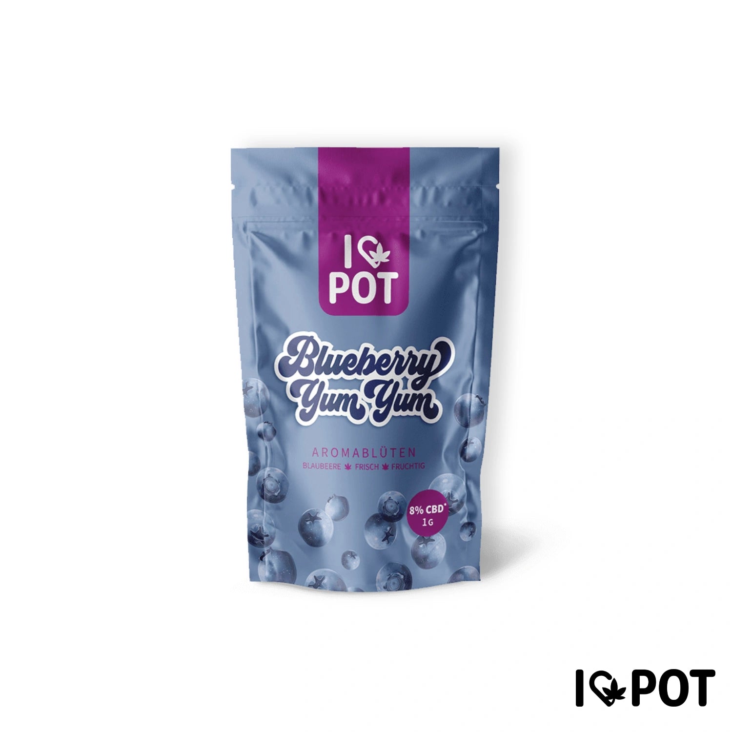 I Love Pot CBD-Blüten Blueberry Yum Yum in blauer Standbeutelverpackung mit Heidelbeeren und magentafarbenem Logo-Band, 8%...