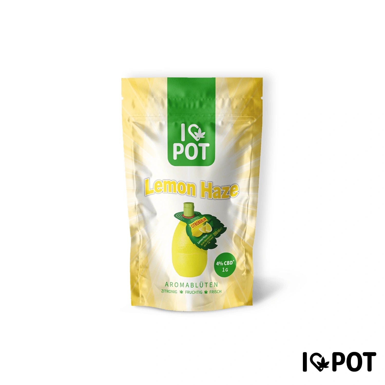 I Love Pot Lemon Haze CBD-Blüten 4% CBD in gelb-grüner Aromablüten-Verpackung mit Zitronenabbildung.