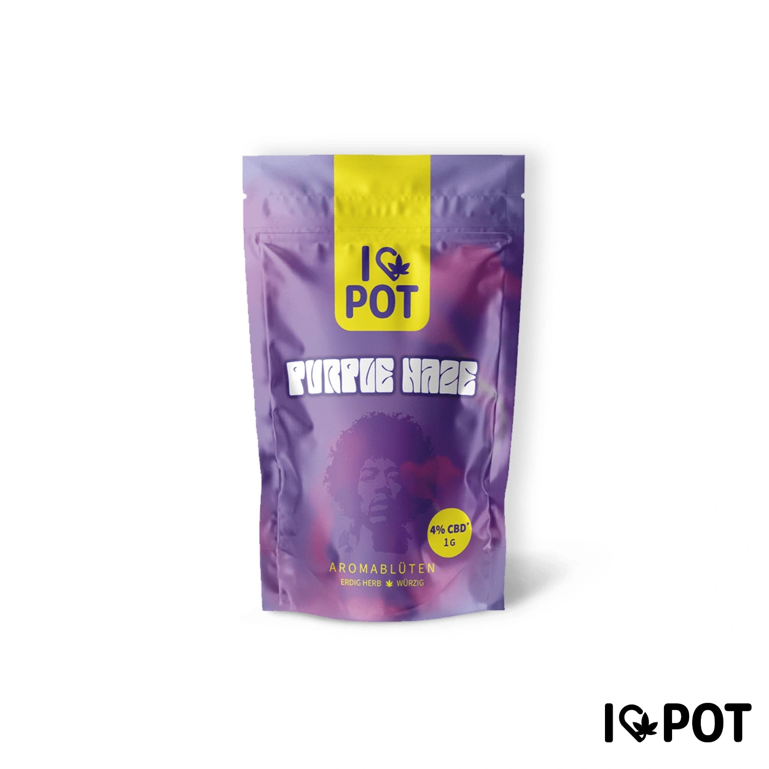 I Love Pot Purple Haze CBD-Blüte in violetter Standbeutel-Verpackung mit gelbem Etikett und 4% CBD Kennzeichnung.