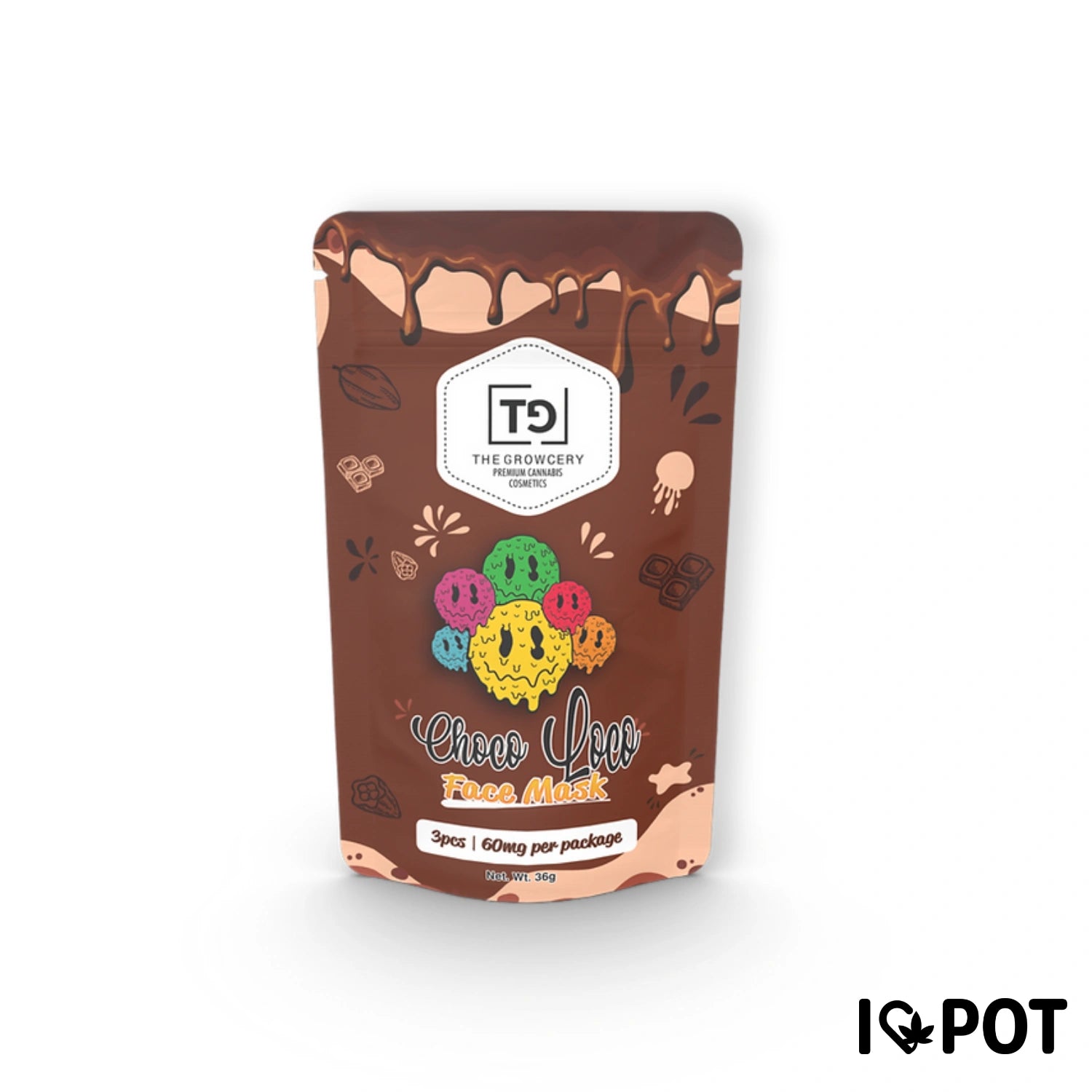 Braune Standbeutel-Verpackung der Cannabis THC Choco Loco Gesichtsmaske von The Growcery. 3er Pack mit 60mg, 36g Nettogewi...