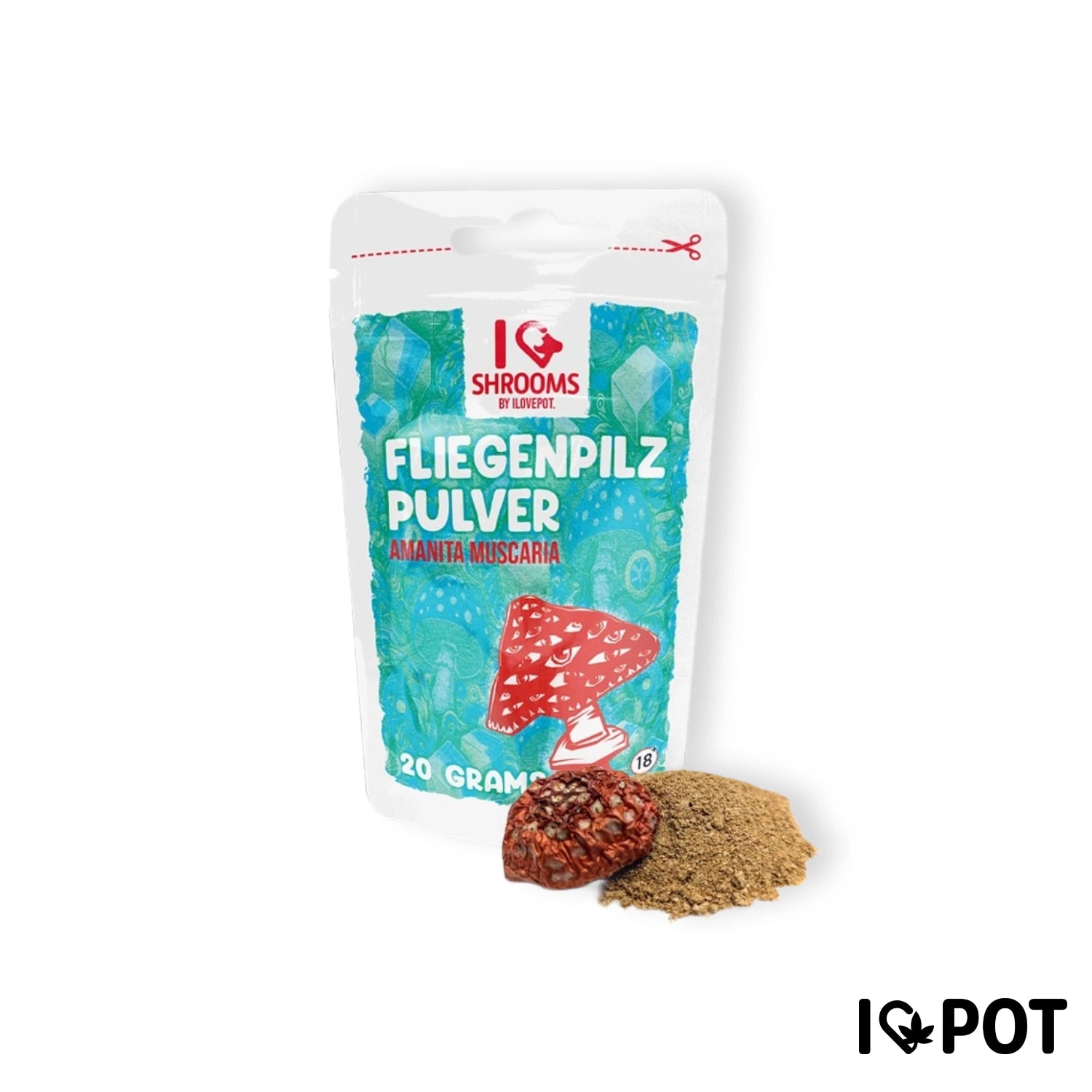 I Love Pot Fliegenpilz Pulver 20g: Weiße Standbeutel mit türkisem Design, rote Fliegenpilz-Illustration, daneben Pilz und ...
