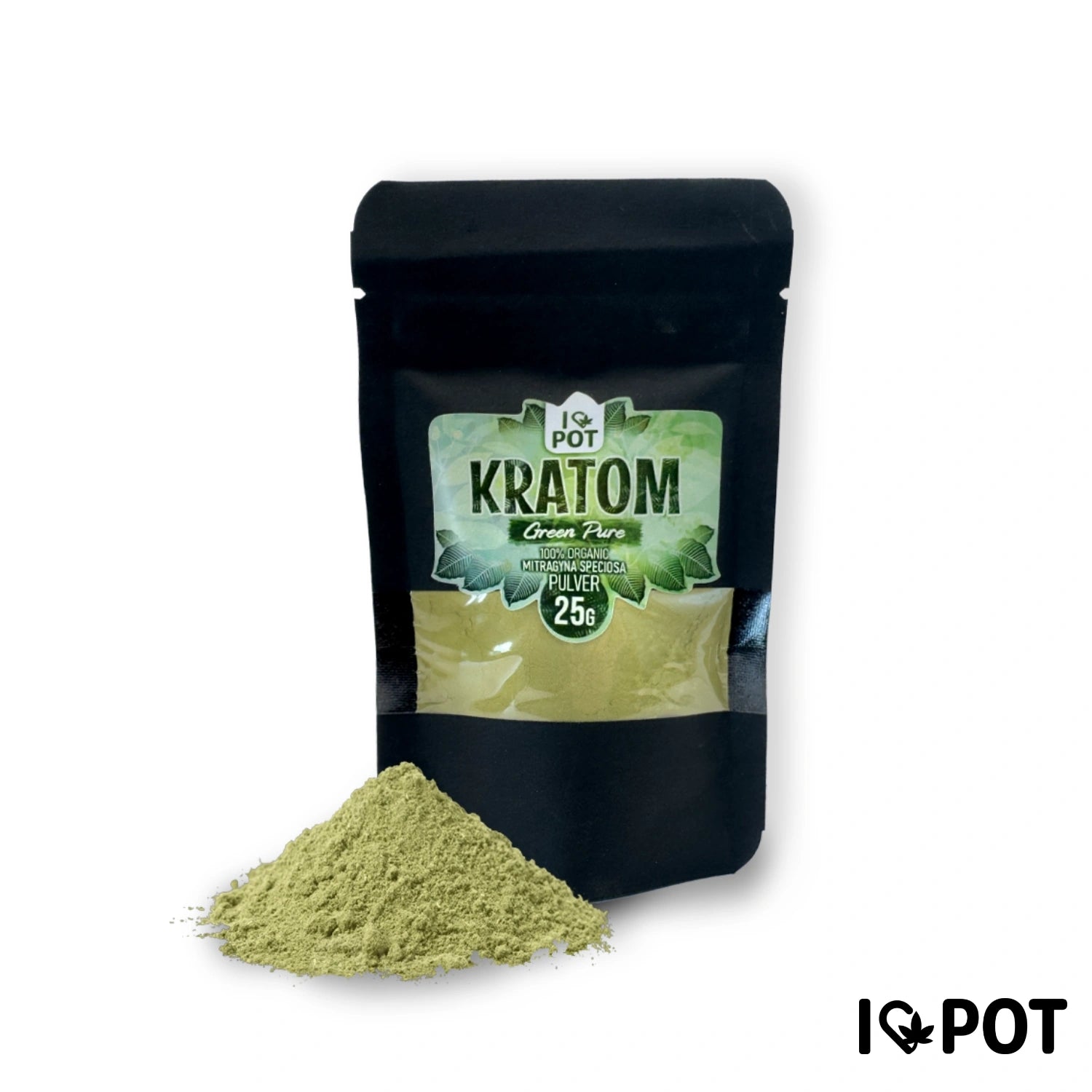 I Love Pot Kratompulver Green Pure 25g in schwarzer Standbodenbeutel-Verpackung mit grünem Pulver daneben.