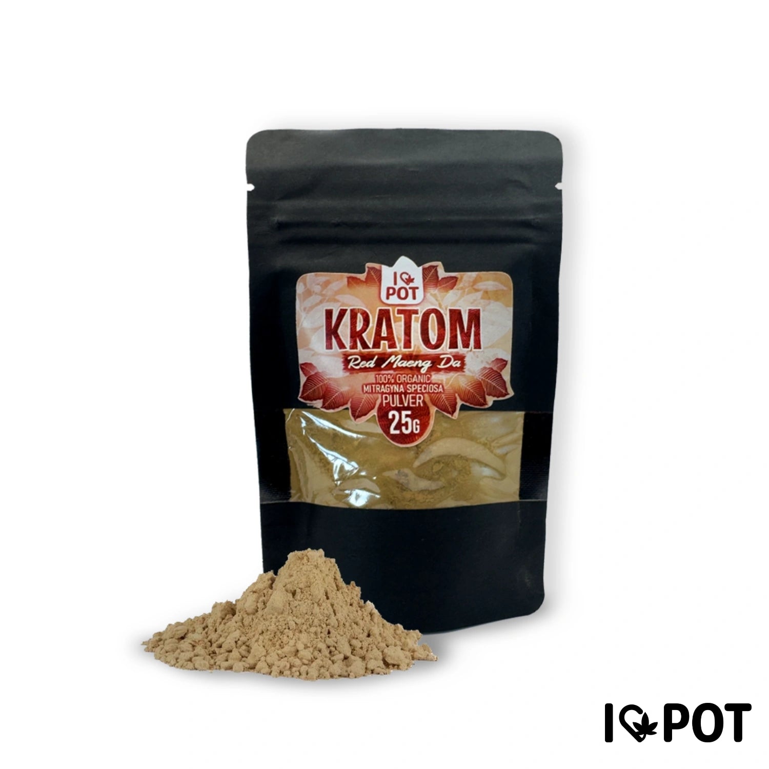 I Love Pot Red Maeng Da Kratompulver 25g in schwarzer Verpackung mit Pulverhaufen auf weißem Hintergrund.