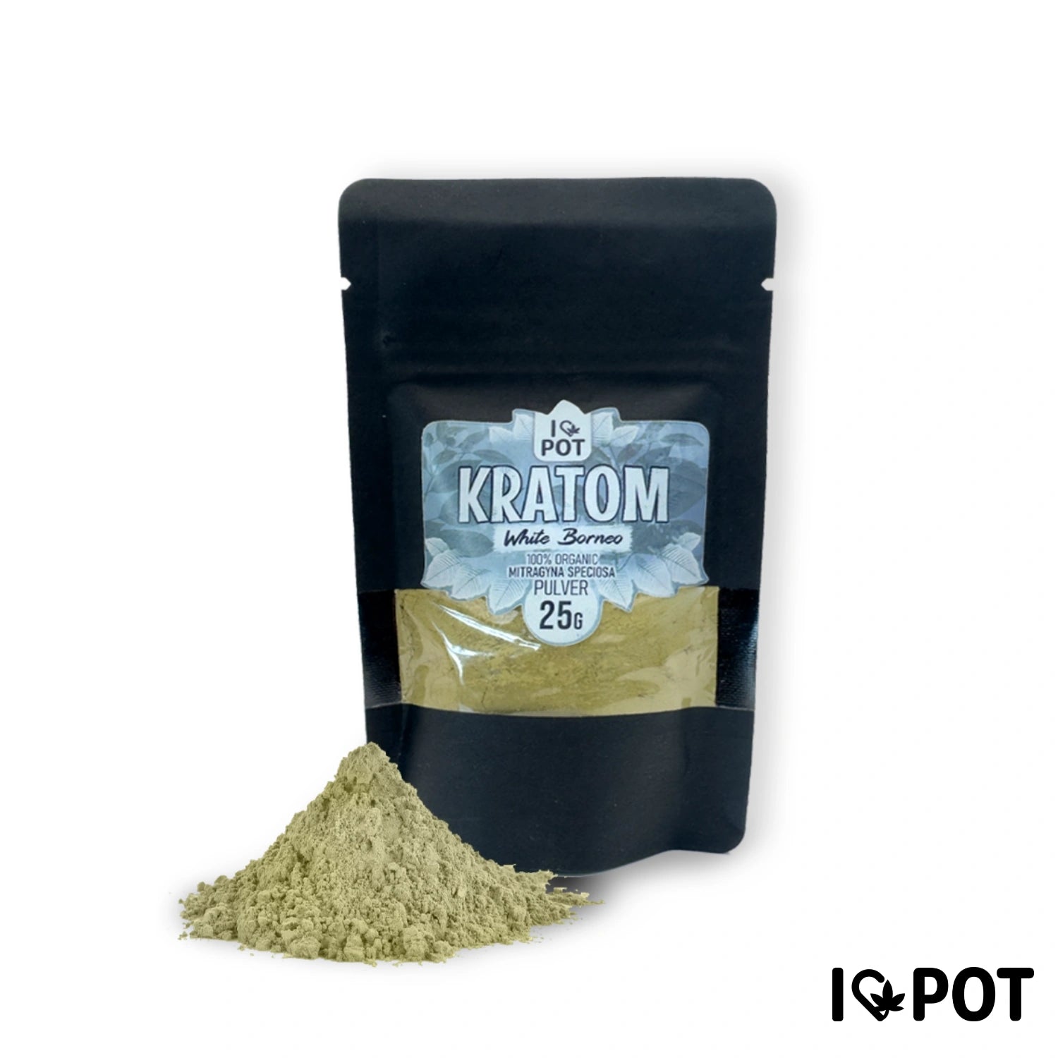 I Love Pot Kratom White Borneo Pulver 25g in schwarzer Verpackung mit goldenem Etikett und Pulverhaufen.