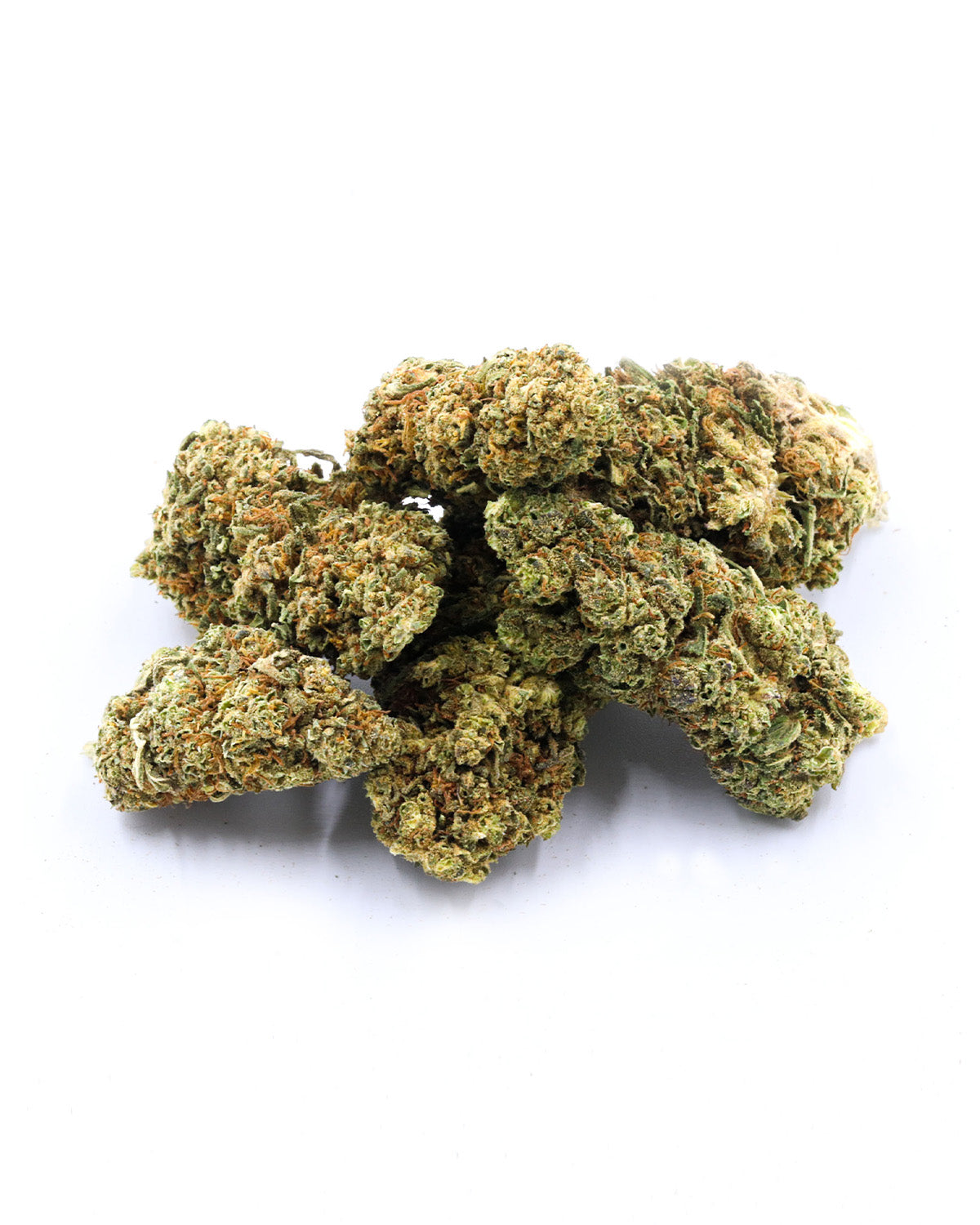 CBD Blüten Bundle von I Love Pot - getrocknete Cannabisblüten in Grün- und Brauntönen auf weißem Hintergrund.